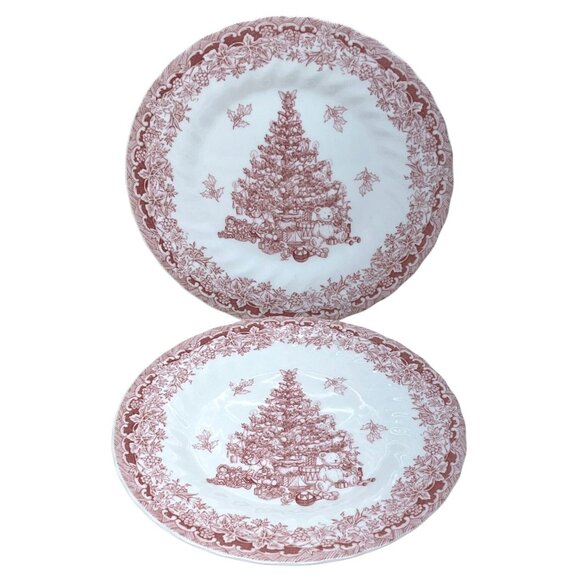 2 Myott Factory Queens Seasons Greetings Red Christmas Tree Salad Plates 8" - Picture 1 of 7